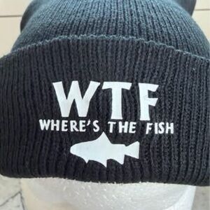 “WTF” Wheres the fish warm toque 
unisex  Black with white graphics- one size